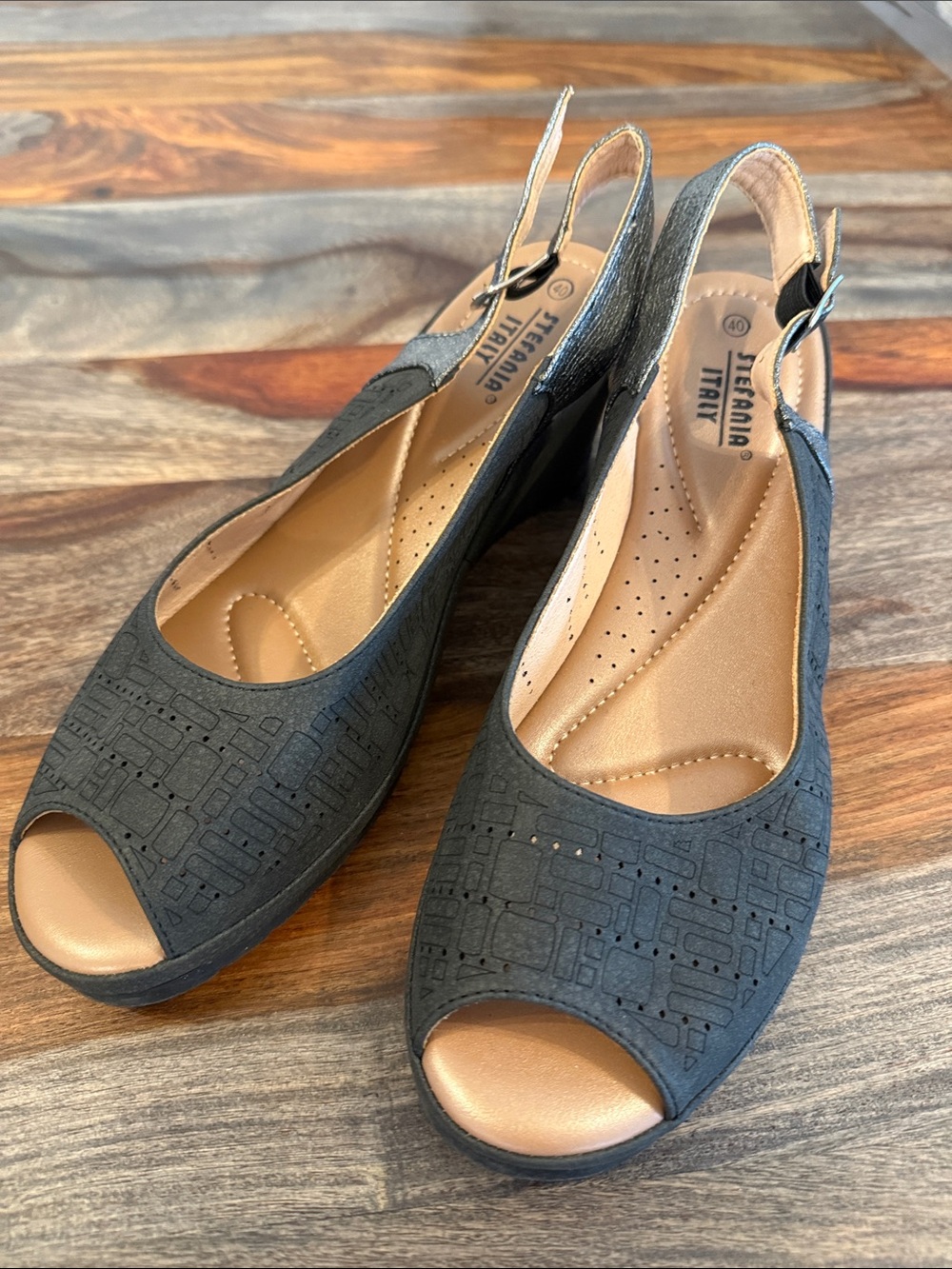 Black Slingback Peep-Toe Wedge Sandals